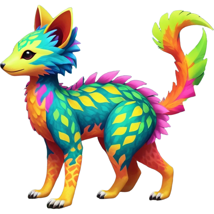 Rare realistic exotic edgy epic cute neon colorful tropical lush vibrant pretty beautiful handsome gorgeous aesthetic colorful vibrant Vernid-Trico-species-Fakemon-creature by LiLaiRa, 4 legs, 1 tail, random markings, (full body) emoji