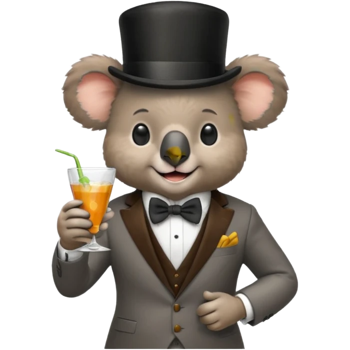 koala wearing suit, bowtie and top hat, holding glass of drink emoji