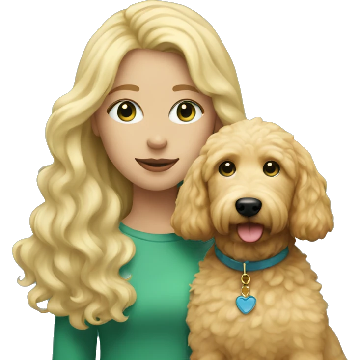 Girl with blonde hair green/blue eye with her golden doodle dog emoji