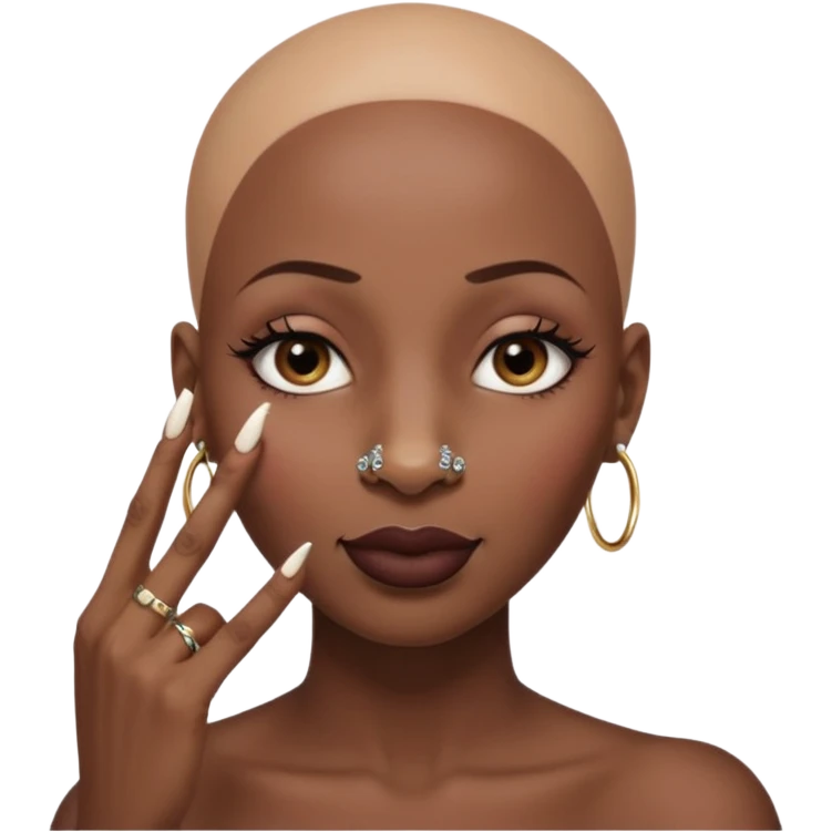 Grown black (proud) woman, bald with a perfect head, a prominent nose with a septum piercing, many piercings on her ears, a gap between her front teeth and very long nails (cynthia erivo) a proud lesbian, with long lashes and her finger tapping her head emoji