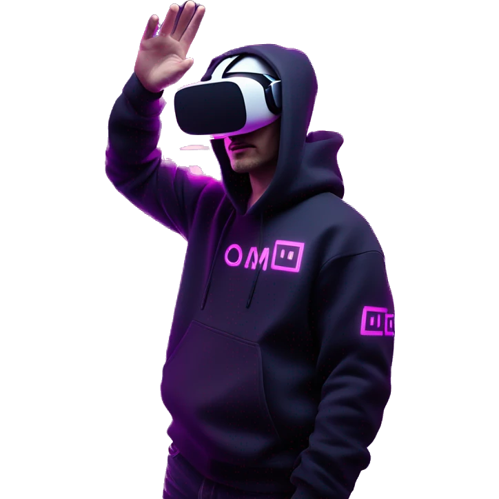Russian man wearing a black hoodie with "OMG" letters on it and VR headset oculus quest 2 in a cyberpunk VR environment with violet neon lighting. Showing direction with hand emoji