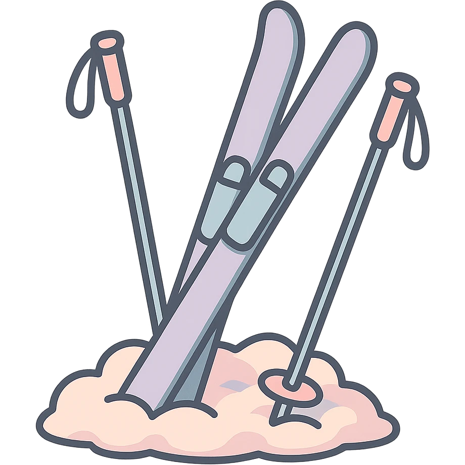 cross-country skis and poles on the sides, stuck at an angle into a snowdrift, snow piled up around the bases, detailed shading, thin clean outlines, soft rounded features, pastel palette #98B5BC #B5B3C1 #C9A3C9 #E4C0CA #F7DCD1 #F7C0AA, Japanese pop art, sticker look, highly detailed, vector clarity, soft lighting, subtle shadows, transparent background emoji