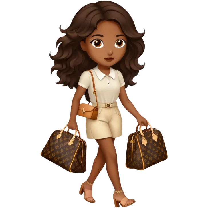  Brown girl with long dark brown medium wavy hair carrying a Louis Vuitton bag on her arm while walking  emoji