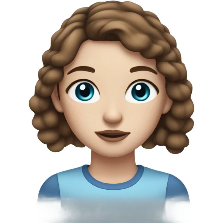 Girl applying her makeup on white skin while having Brown hair and blue eyes and freackles emoji