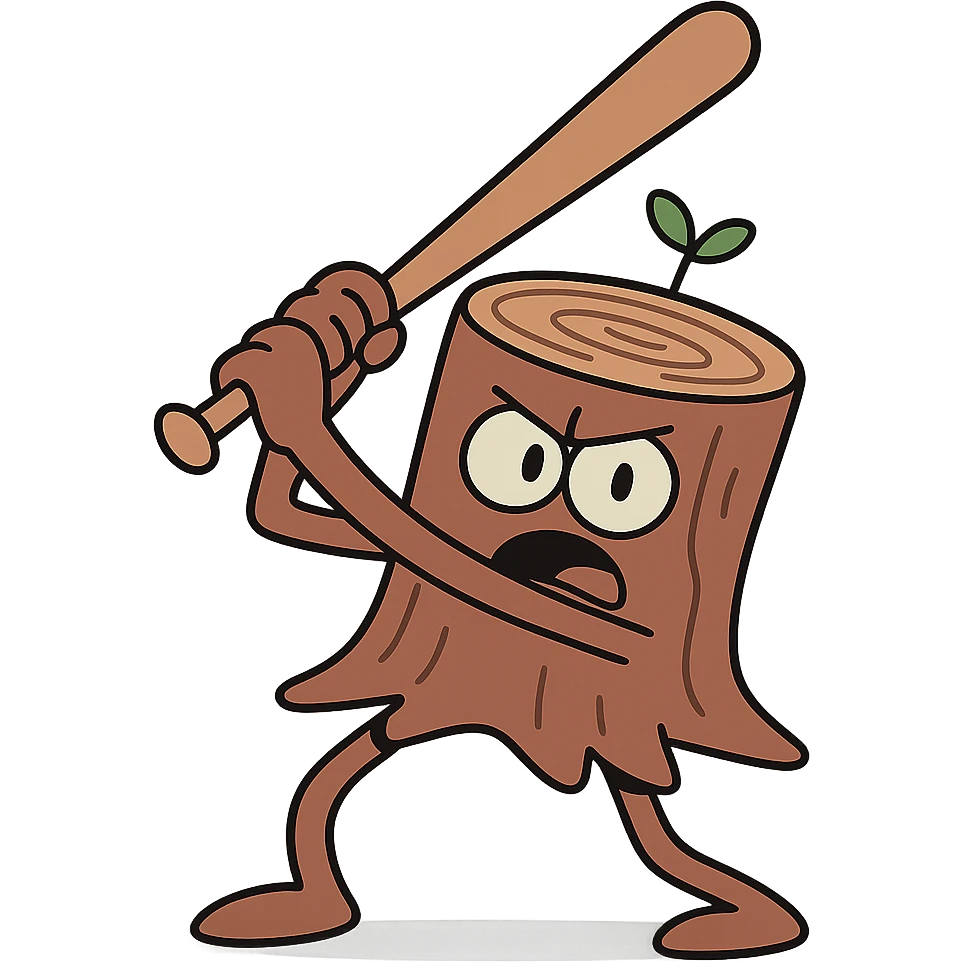 whimsical tree stump with arms and legs holding a baseball bat ready to swing emoji