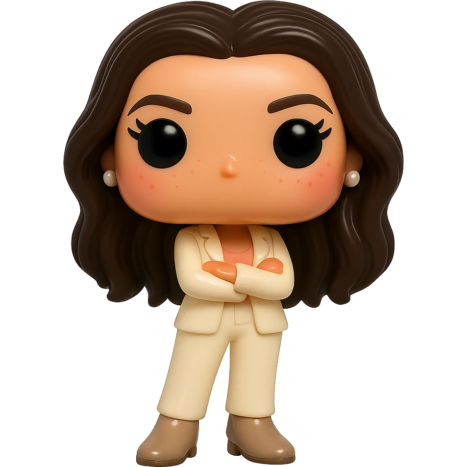 Create a Funko Pop style vinyl figure of Eva Longoria with luminous smooth tanned skin, ultra-detailed dark hair, hyper-textured feminine cream suit (jacket and pants), small pearly earrings, greige leather boots clearly visible, arms crossed, rosy cheeks, very discreet freckles, eyelashes, mischievous and cheerful expression, no mouth, transparent background. emoji