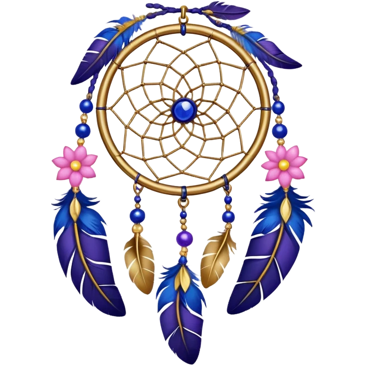A gold-framed Dreamcatcher. with yellow metal flowers, blue beads, indigo beads, purple beads. And with pink feathers hanging down emoji