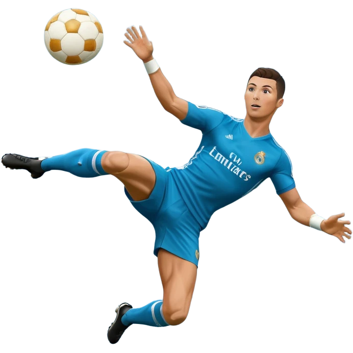 Ronaldo doing a bicycle kick with football in mid air While wearing a Retro blue Real madrid kit  emoji