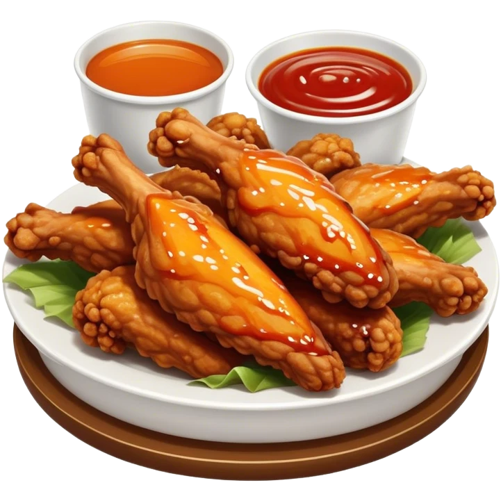 Cinematic crispy chicken wings, golden-brown and glazed with spicy sauce, crunchy coating, juicy inside, piled high with dipping sauce on the side, ultra-realistic and mouthwatering, inviting and bold. emoji