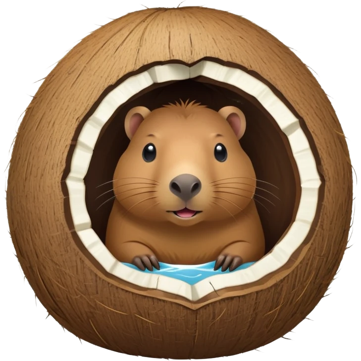 Small capybara inside a hollowed coconut, using it as a cozy home emoji