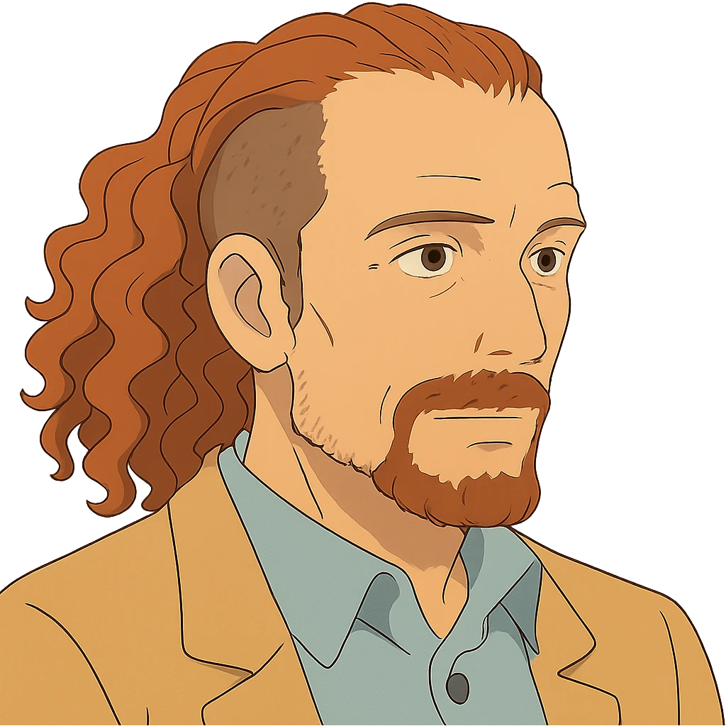 ghibli style white man in his 40s with long tight curly hair and short sides emoji