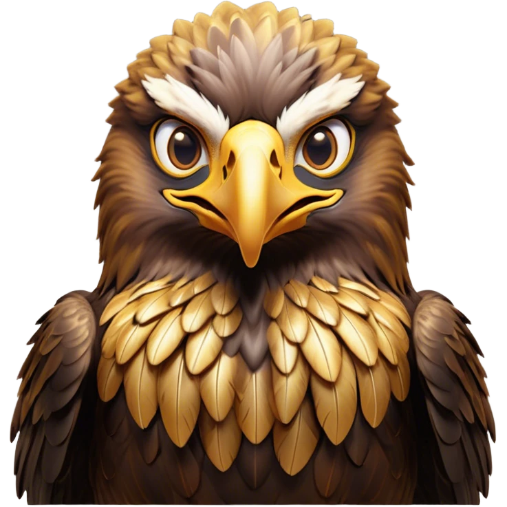 Cinematic Comical Golden Eagle Portrait Emoji, Head tilted dramatically with an exaggeratedly shocked expression, featuring a striking, broad-beaked form with wide, comically expressive eyes full of playful disbelief and richly textured golden feathers, Simplified yet hilariously expressive features, highly detailed, glowing with a slightly sassy amber glow, high shine, dramatic yet playful, stylized with an air of cheeky aerial mischief, soft glowing outline, capturing the essence of a meme-worthy golden eagle that looks ready to side-eye its way into viral fame! emoji