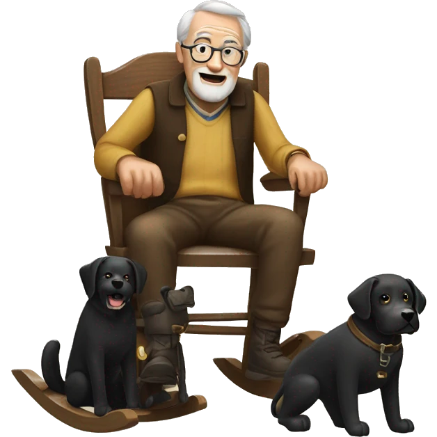 Old man in wooden rocking chair with black Labrador at his side emoji
