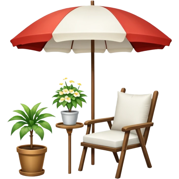 уличное кресло, зонт от солнца и небольшое растение в горшке. emoji