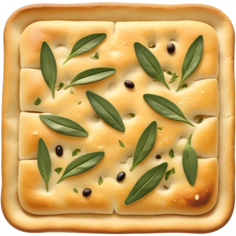 Cinematic Realistic Focaccia Bread Dish Emoji, depicted as a golden, olive oil brushed flatbread sprinkled with herbs rendered with lifelike texture and soft, appetizing lighting. emoji