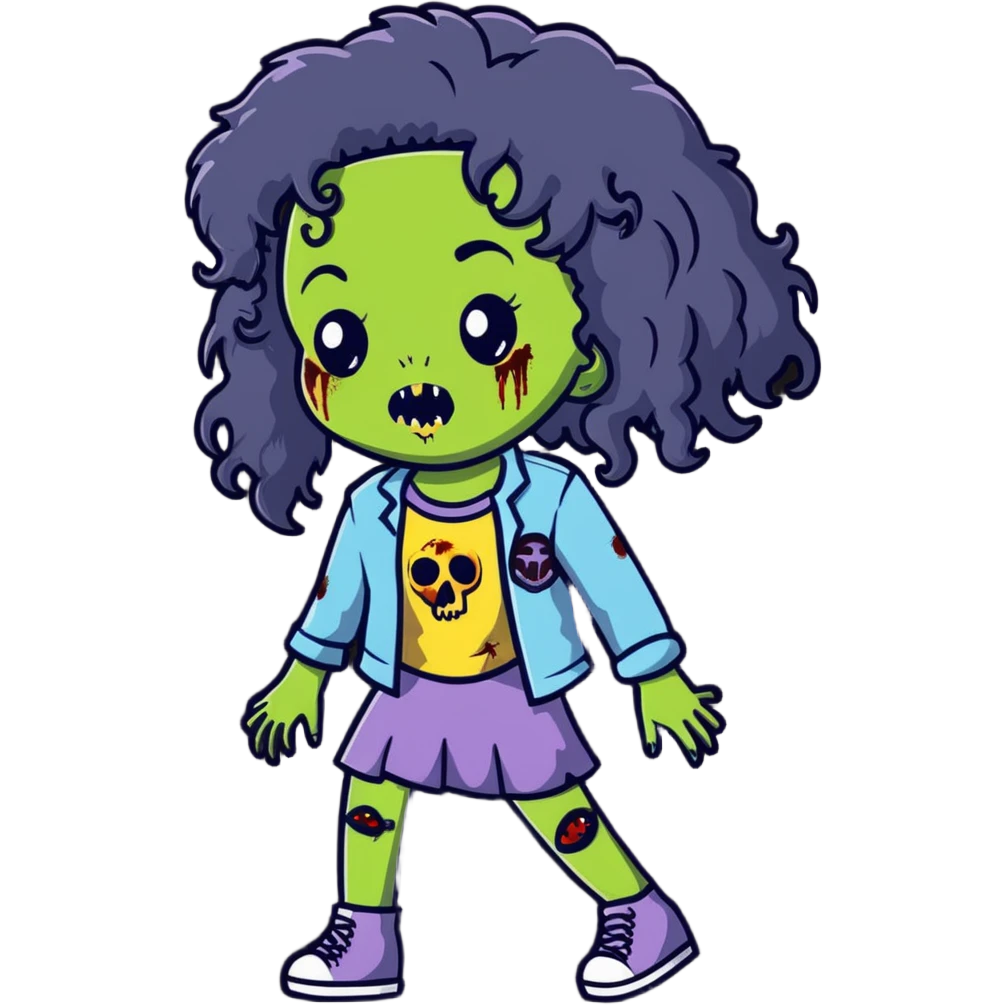 girl zombie with black long curly hair, emo style emoji
