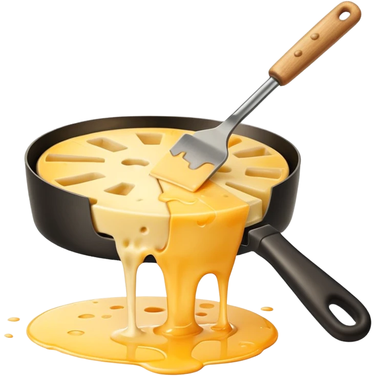 a half wheel of raclette cheese being scraped with a metal spatula, melted cheese flowing, warm golden colors, modern emoji style, clean outlines, transparent background emoji