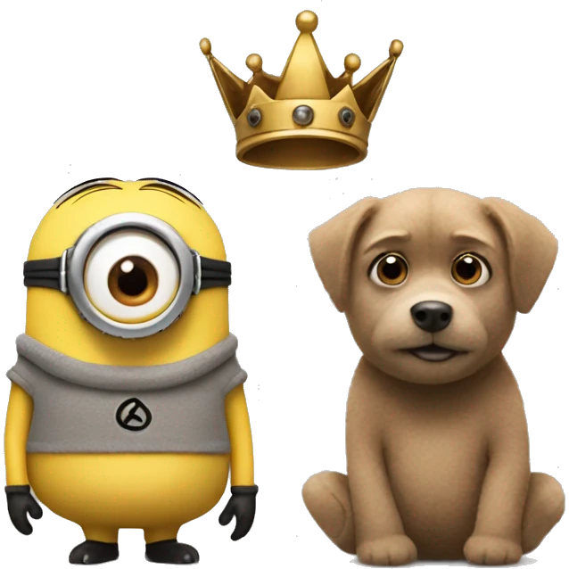 a minion with one brown eye and one grey eye holding a brown teddy bear with a crown on emoji