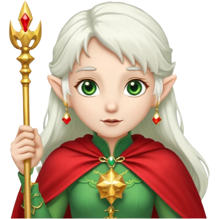 an elf with very white hair and two long ponytails on the side of her head, she has a curtain bang, green eyes, she has a white cape with golden borders and a scepter with a red orb, she has earrings that look like red drops emoji