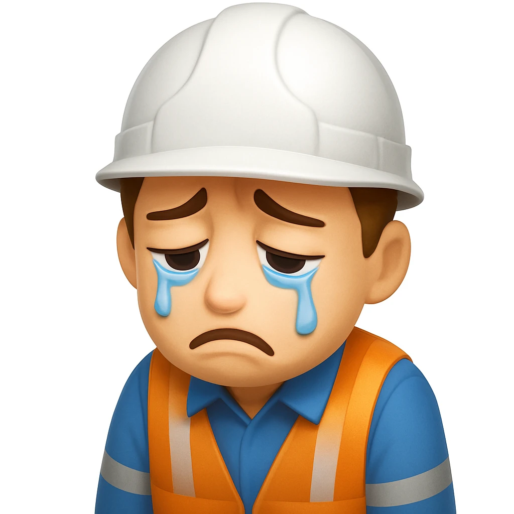 Make the sad construction worker look even sadder, with tears, slumped posture, and a gloomy expression in emoji style emoji