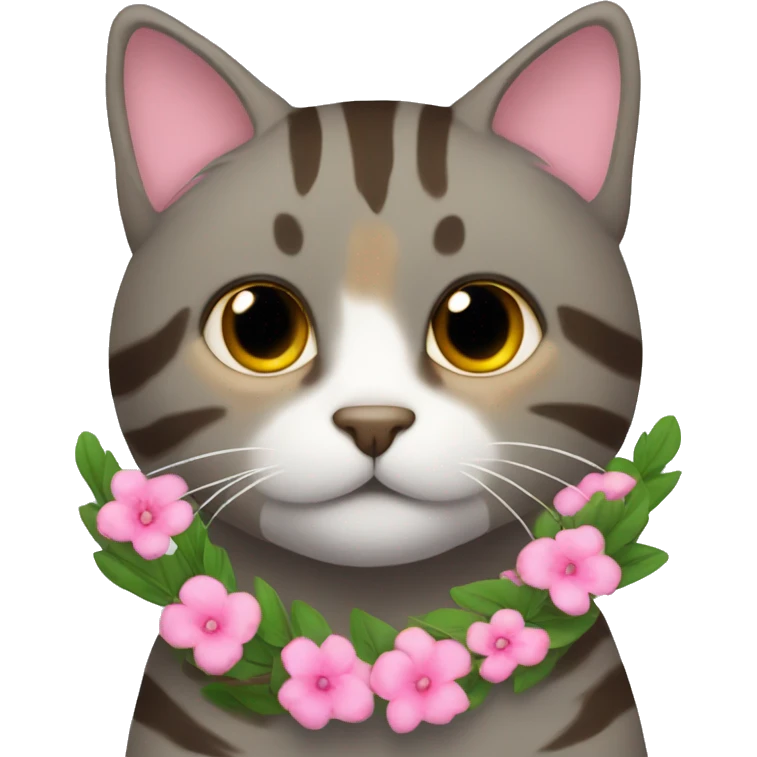 Brown grey tabby cat with pink wreath around neck
 emoji