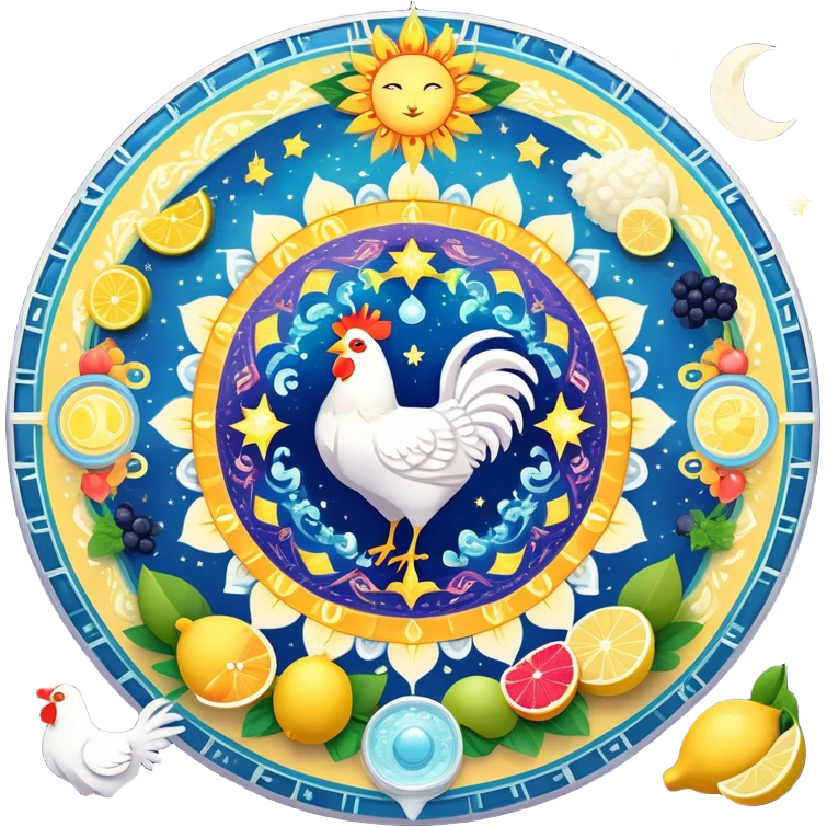 Celestial fitness mandala with magical water and lemon at center, surrounded by orbiting enchanted elements: radiant sun, glowing chicken and rice, sparkling gym weights, ethereal yogurt, twinkling fruits, and mystical sleep moon, all connected by cosmic energy flows and starry aura emoji