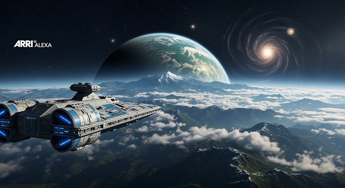 cinematic still, starship, green planet in distance, inspired by StarWars movie, captured by arri alexa  emoji