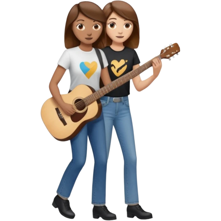 based on emoji style, like this "💁🏻‍♀️" "💁🏽‍♂️" "💁🏻", two people walking together. one is brown-haired woman, wearing business casual, holding a guitar. Another one is a non-binary person, wearing t shirt and jeans, and this person doesn't have anything on their hands. they are walking together. emoji