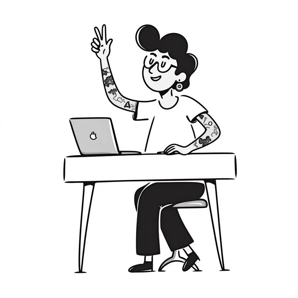 Cool female rockstar musician with arm tattoos and alternative hairstyle, sitting at desk with laptop, raising hand in class, smiling confidently emoji