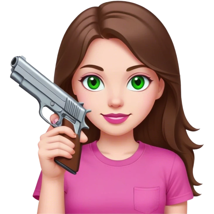 mid sized white skinned girl with green eyes and long brown hair holding a pistol smiling in a pink t-shirt with pink lips emoji