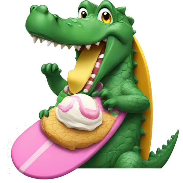 Crocodile riding a surfboard eating ice cream emoji
