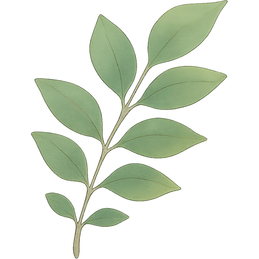 a simple leafy green branch, Japanese hand-drawn pastel style, full object, transparent background, with subtle color gradients emoji