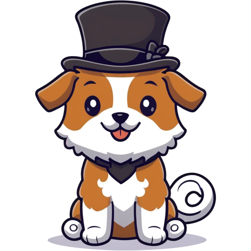 cute small tan and white dog with black nose, black round eyes, curly fluffy medium length hair, wearing a top hat emoji