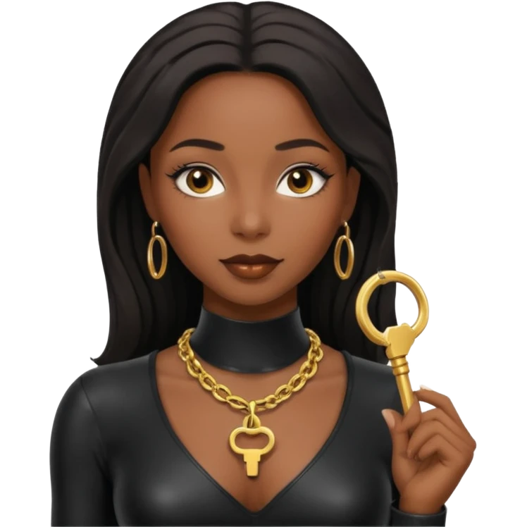 Moi belle femme métisse noire Dominatrice vêtue de Noir Cuir Latex sexy clé doré au cou emoji