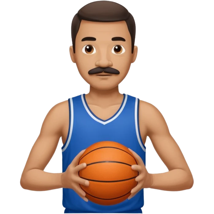 bold man basketball player blue jersey with mustache holding basket ball emoji