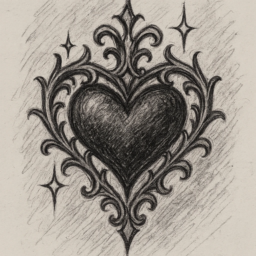 gothic heart with sparkles, ornate, dark, elegant, pencil sketch style emoji