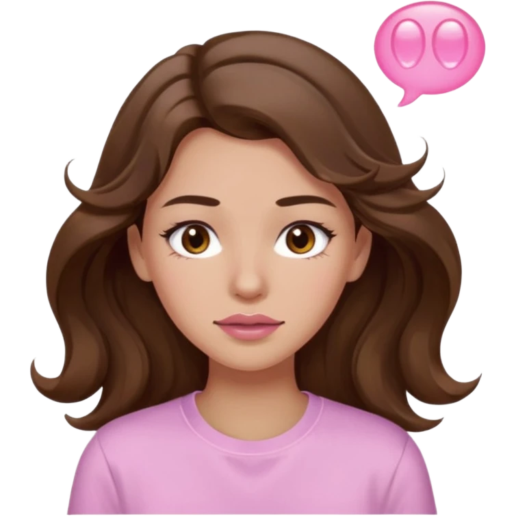 girl with wavy long brown hair, brown eyes, light to medium complexion, long lashes, light pink lipstick, wearing light pink shirt, sweat drops on the forehead emoji