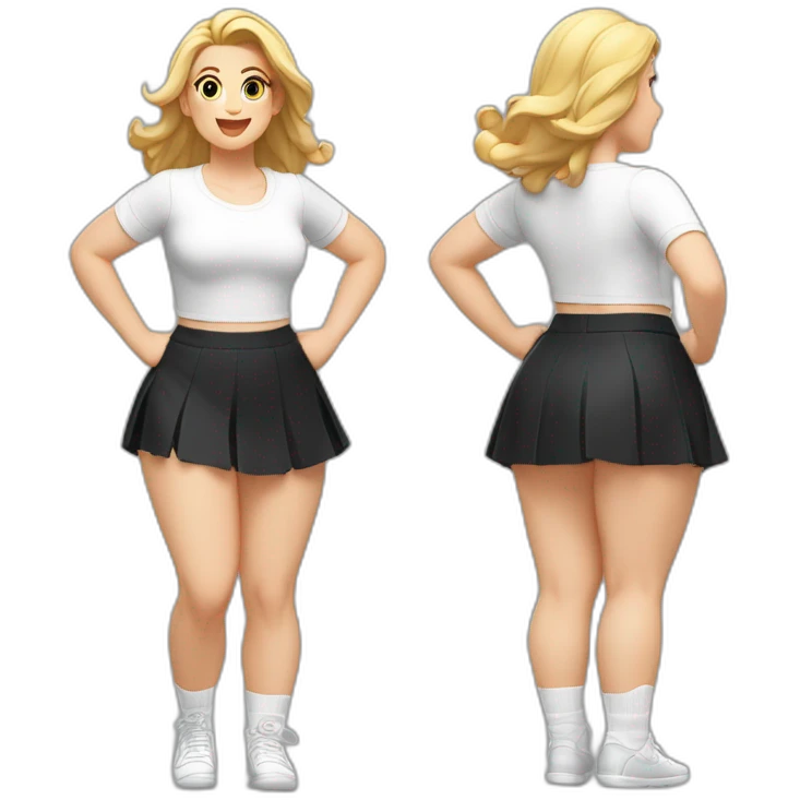 full-body-caucasian-curvy-beauty-jumping-short-black-skirt-back-and-front-views-strong-wind-white-knickers-long-white-socks emoji