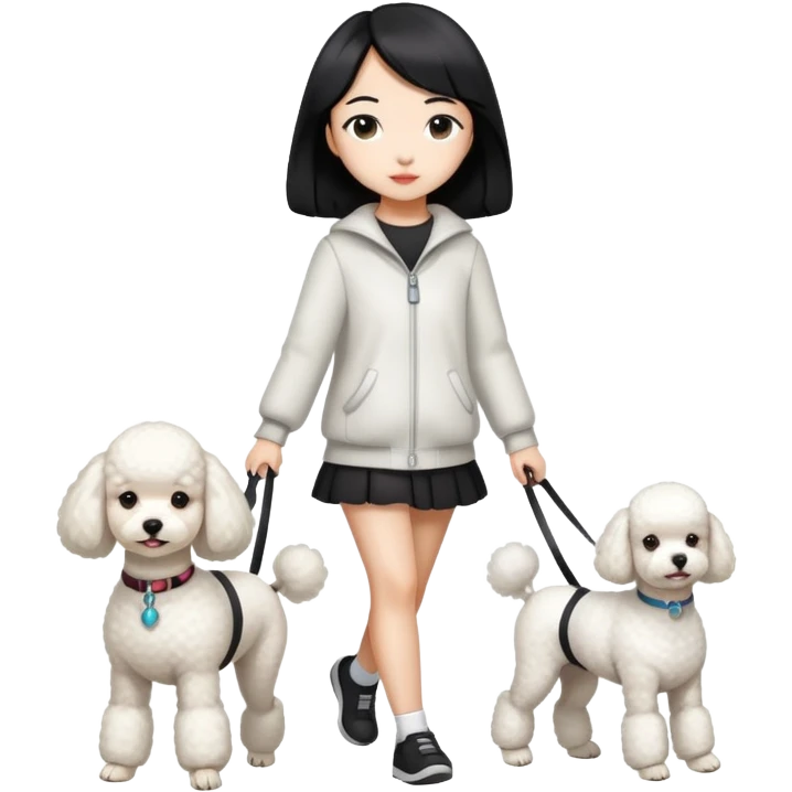 white poodle walking with owner (Asian girl with straight black hair) emoji