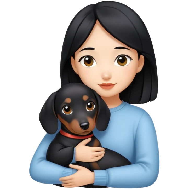 black hair asian girl hugging black dachshund emoji