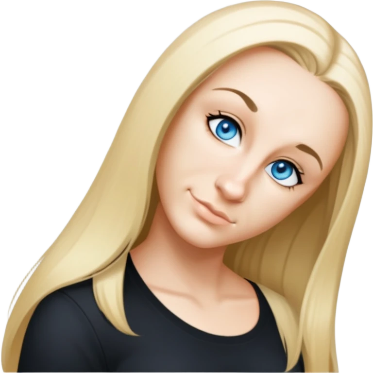 woman, wearing black top with a white shirt, long middle-blonde hair, looking straight like a portait emoji