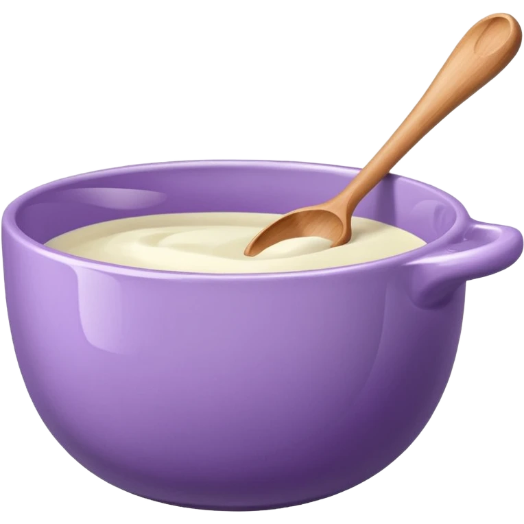 a lilac ceramic mixing bowl with a wooden spoon stirring emoji