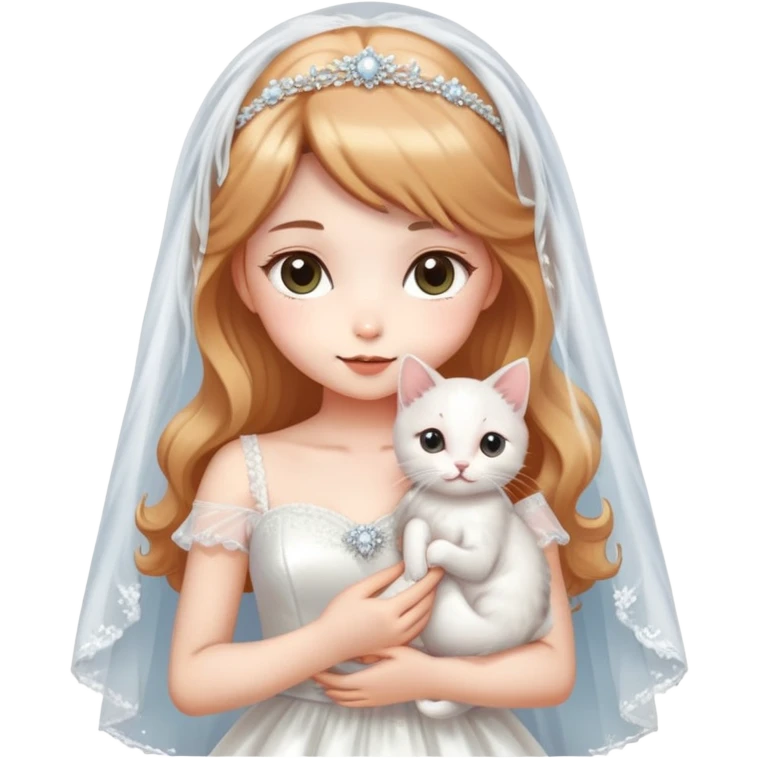 Very dreamy-beautiful-fashionable and elegant-wearing a wedding dress-with a veil-woman-holding a kitten-shiny-ladylike-soft style-kawaii-beautiful-hair-fairy style- emoji