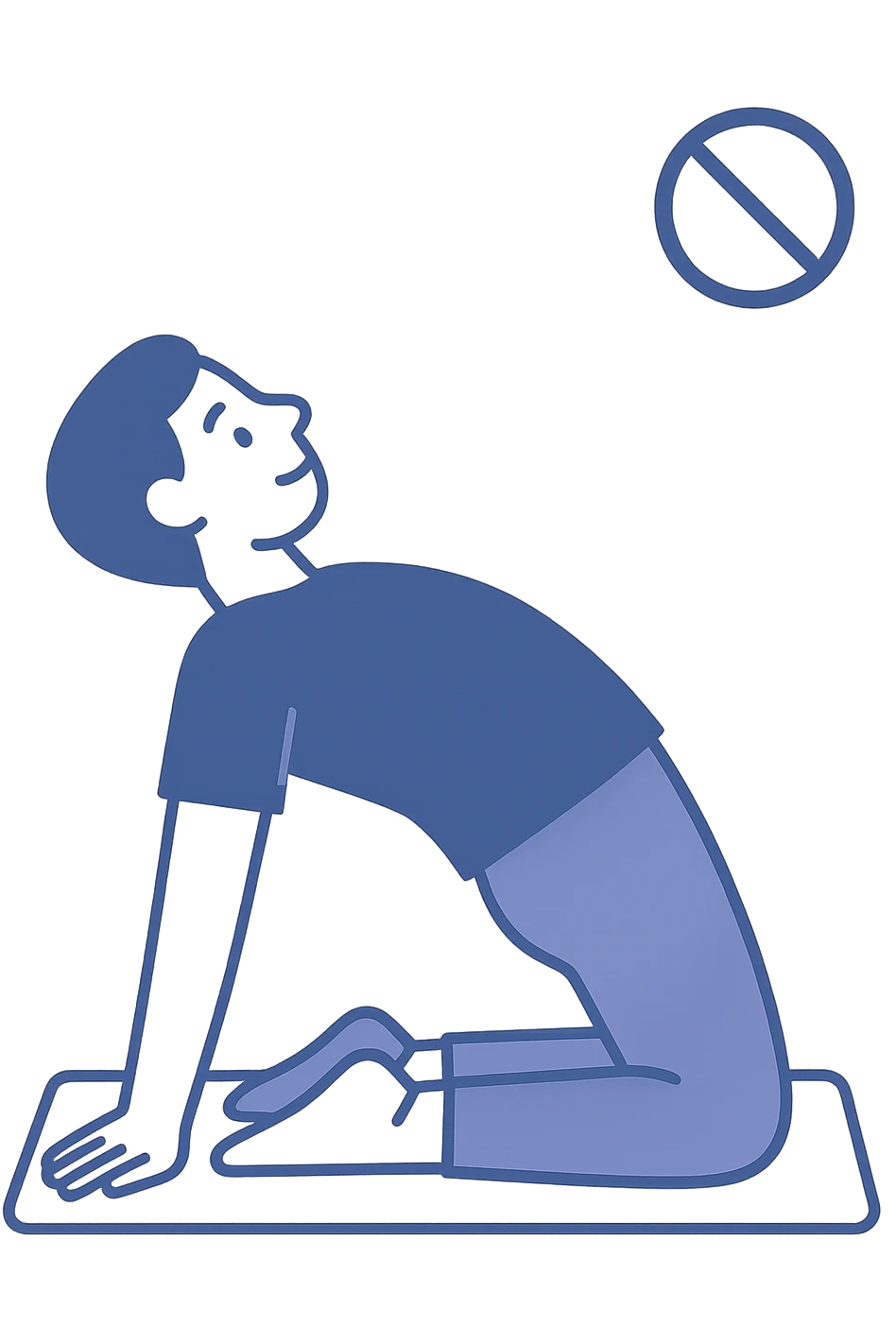 vertical illustration of a person doing passive back stretching on a mat, with a prohibition icon or signal indicating not suitable for asymmetry, educational style, no background emoji