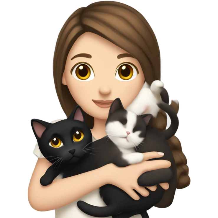 Brunette white girl holding a calico cat and a black cat emoji