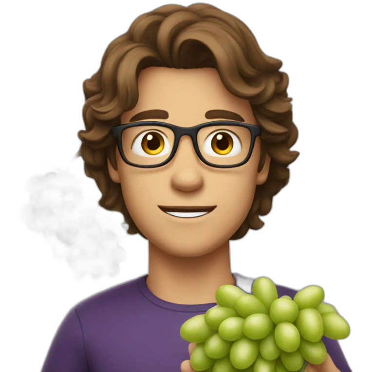 Young brown haired men with glasses throwing grape emoji