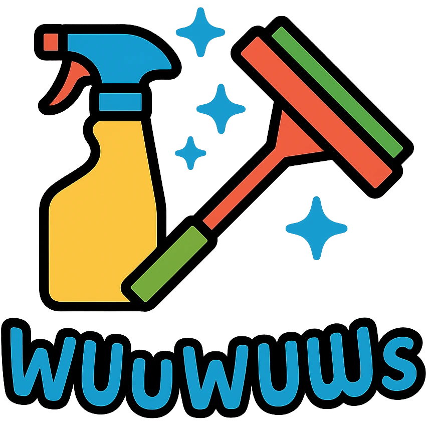spray bottle and squeegee crossed, sparkling clean, playful 'wuuwuus' text, bright colors emoji