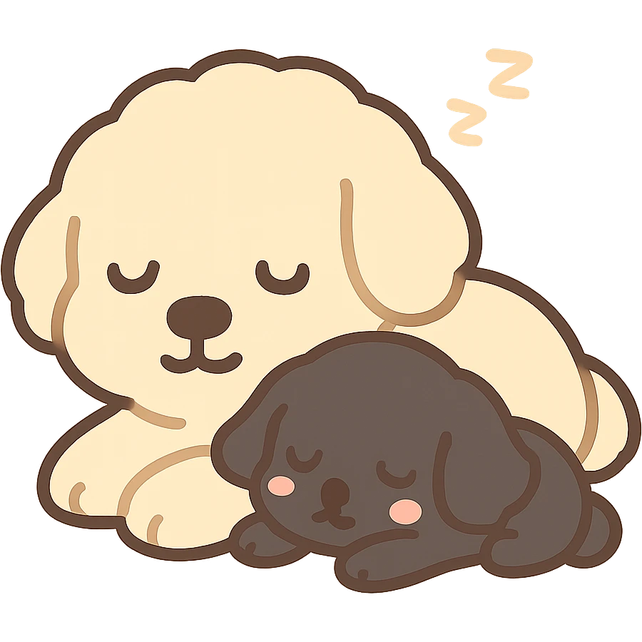 large light cream colored goldendoodle and small black golden retriever, chibi style, sleeping with the retriever resting on the goldendoodle emoji
