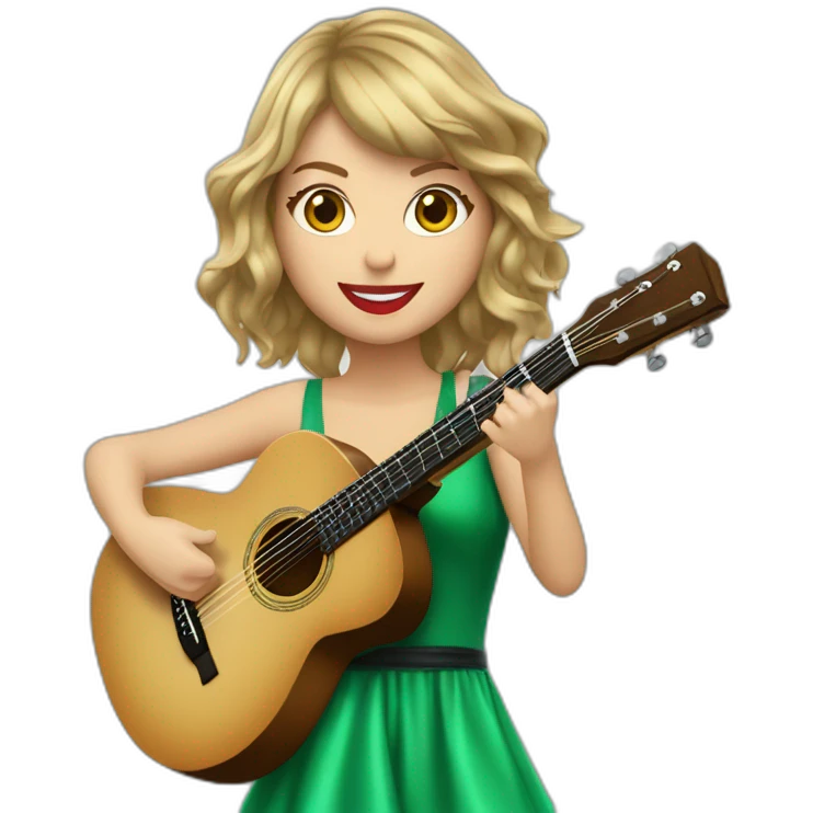 Taylor swift avec une robe vert jouant de la guitare avec des magni emoji