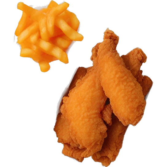 3 chicken tenders with crinkle fries and orange sauce on the side in a styrofoam container styrofoam container emoji